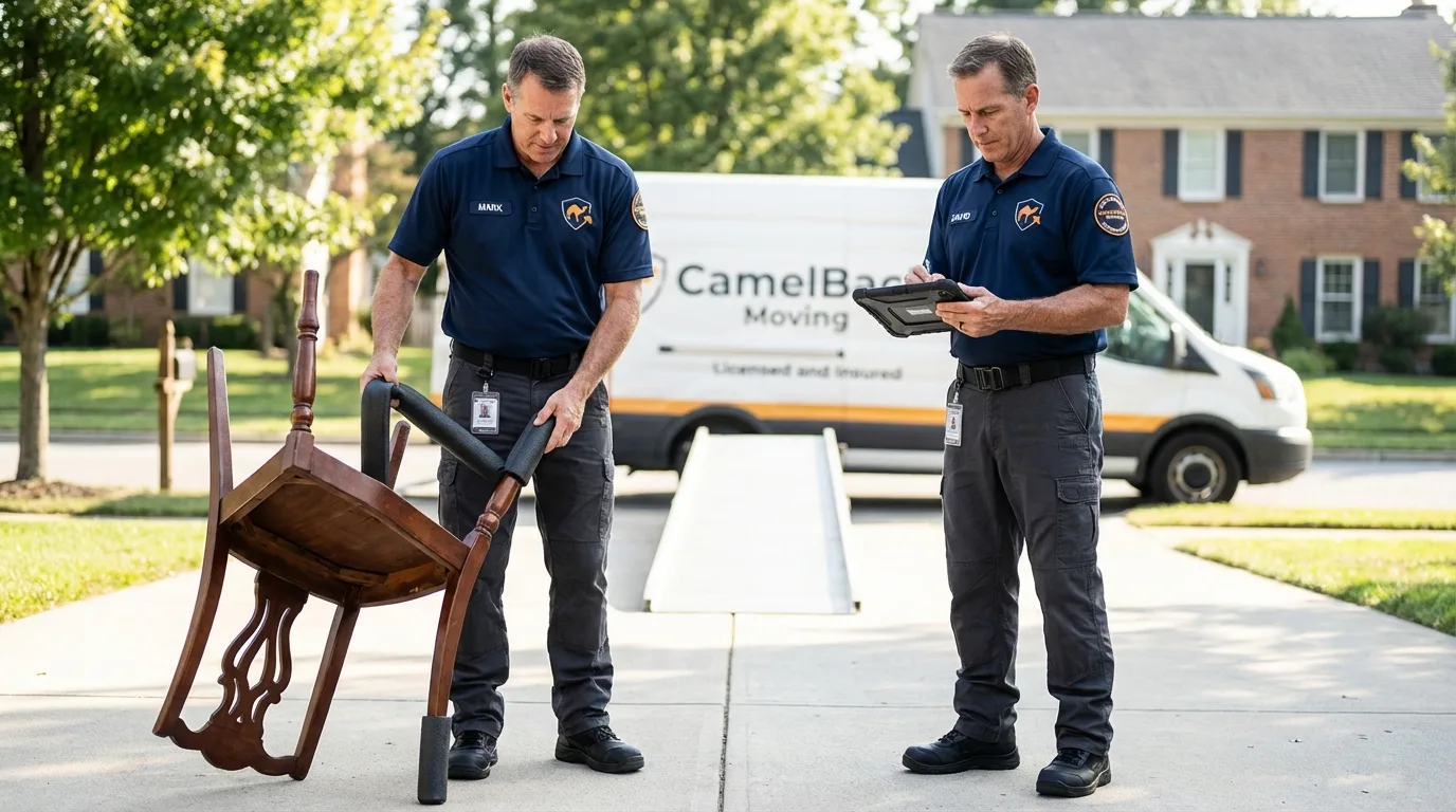 Movers inspecting furniture for damage prevention before loading in Paoli, PA