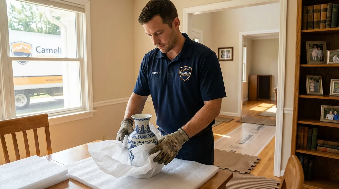 Professional crew carefully wrapping antique vase for senior downsizing move in Paoli, PA